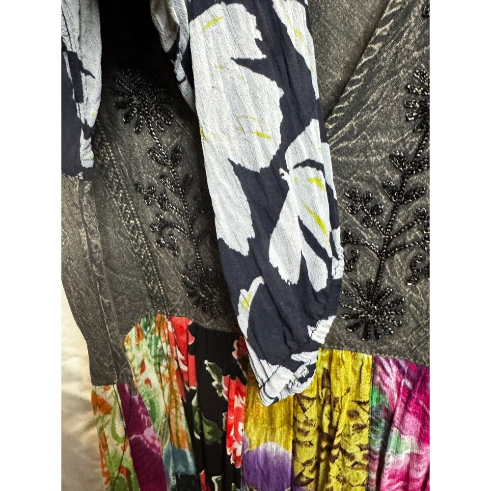 030 Young Threads Mixed Media Patchwork Beaded Boho Midi Dress Grey Floral M - Picture 4 of 9